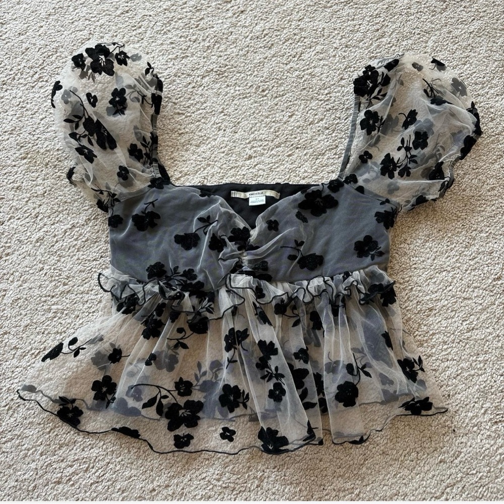 Kimchi Blue Black Floral Mesh Babydoll Puff Sleeve Top – Sheer Blouse